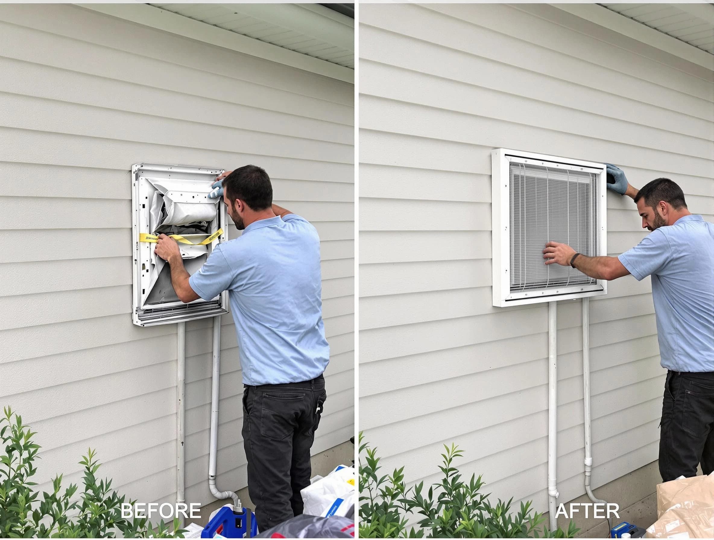 Irondale Dryer Vent Cleaning technician installing high-quality dryer vent cover at a residential property in Irondale